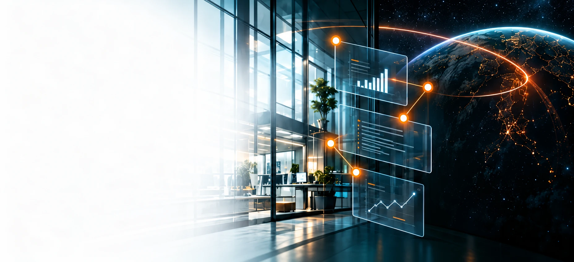 Glass-walled office with floating data panels and orange network nodes, opening onto a night-side globe